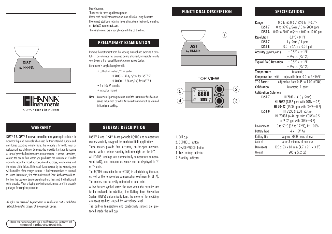 Hanna Instruments DiST 7 User Manual | 2 pages