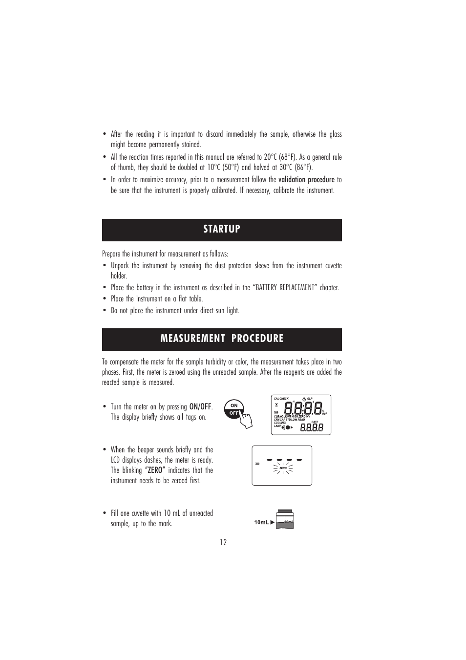 Measurement procedure, Startup | Hanna Instruments HI 96728 User Manual | Page 12 / 24