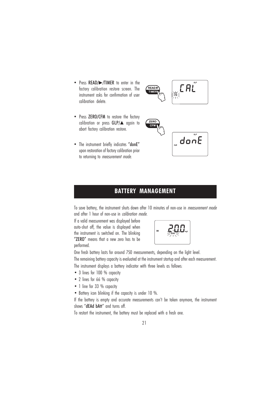 Battery management | Hanna Instruments HI 96728 User Manual | Page 21 / 24