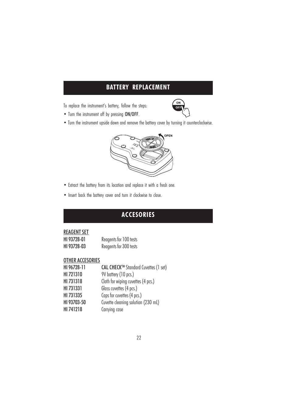 Accesories, Battery replacement | Hanna Instruments HI 96728 User Manual | Page 22 / 24