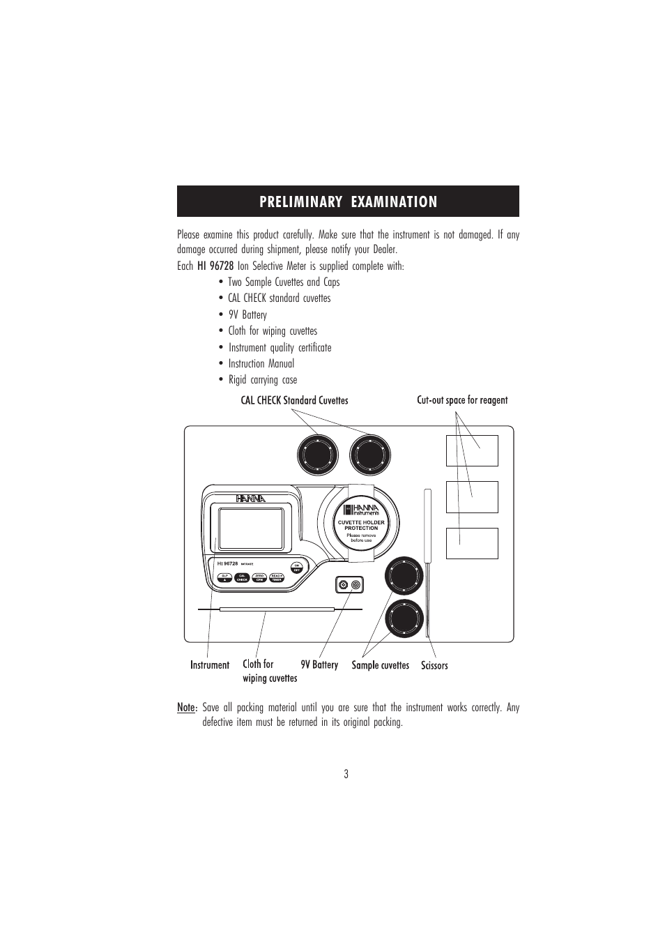 Preliminary examination | Hanna Instruments HI 96728 User Manual | Page 3 / 24