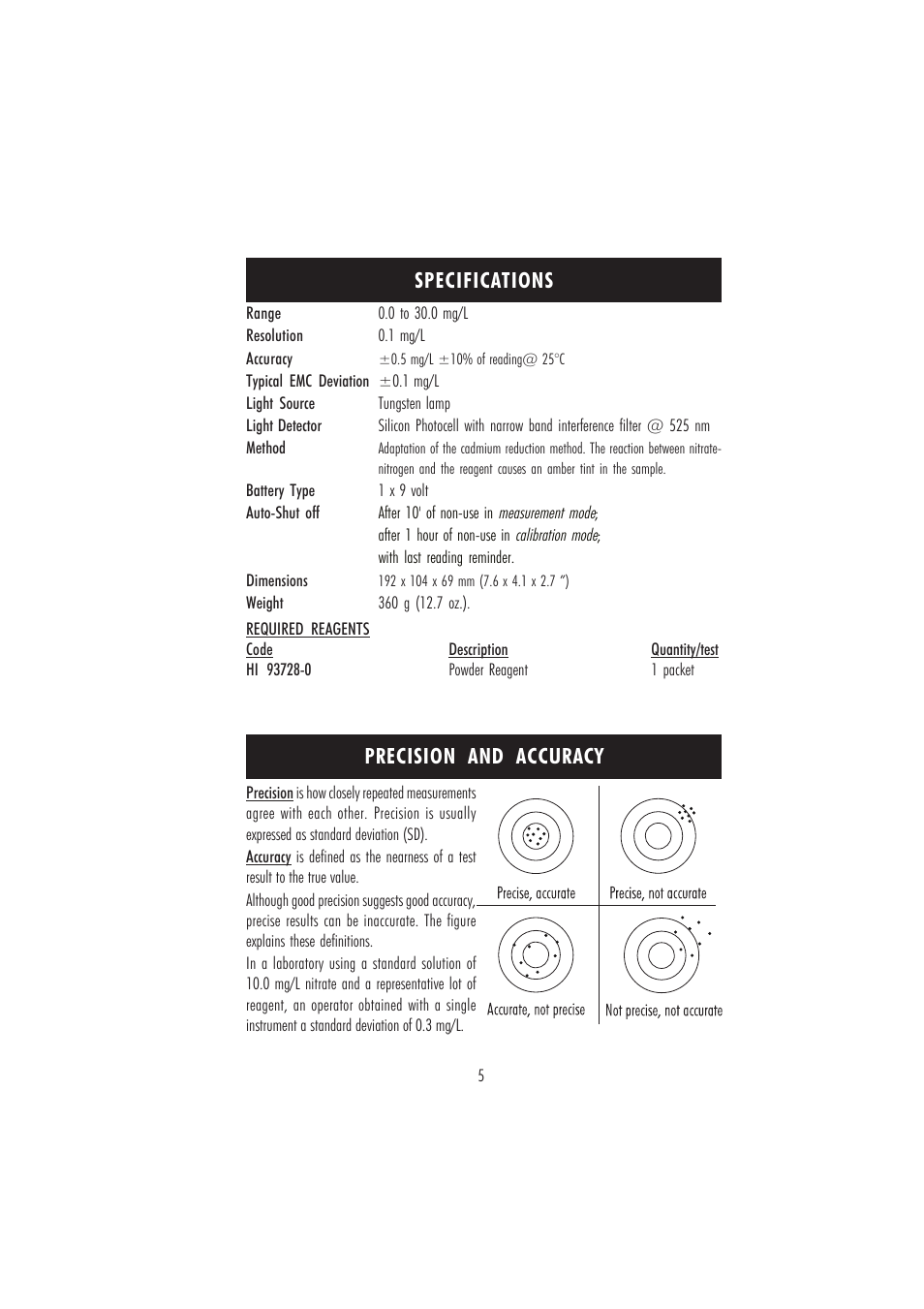 Specifications precision and accuracy | Hanna Instruments HI 96728 User Manual | Page 5 / 24