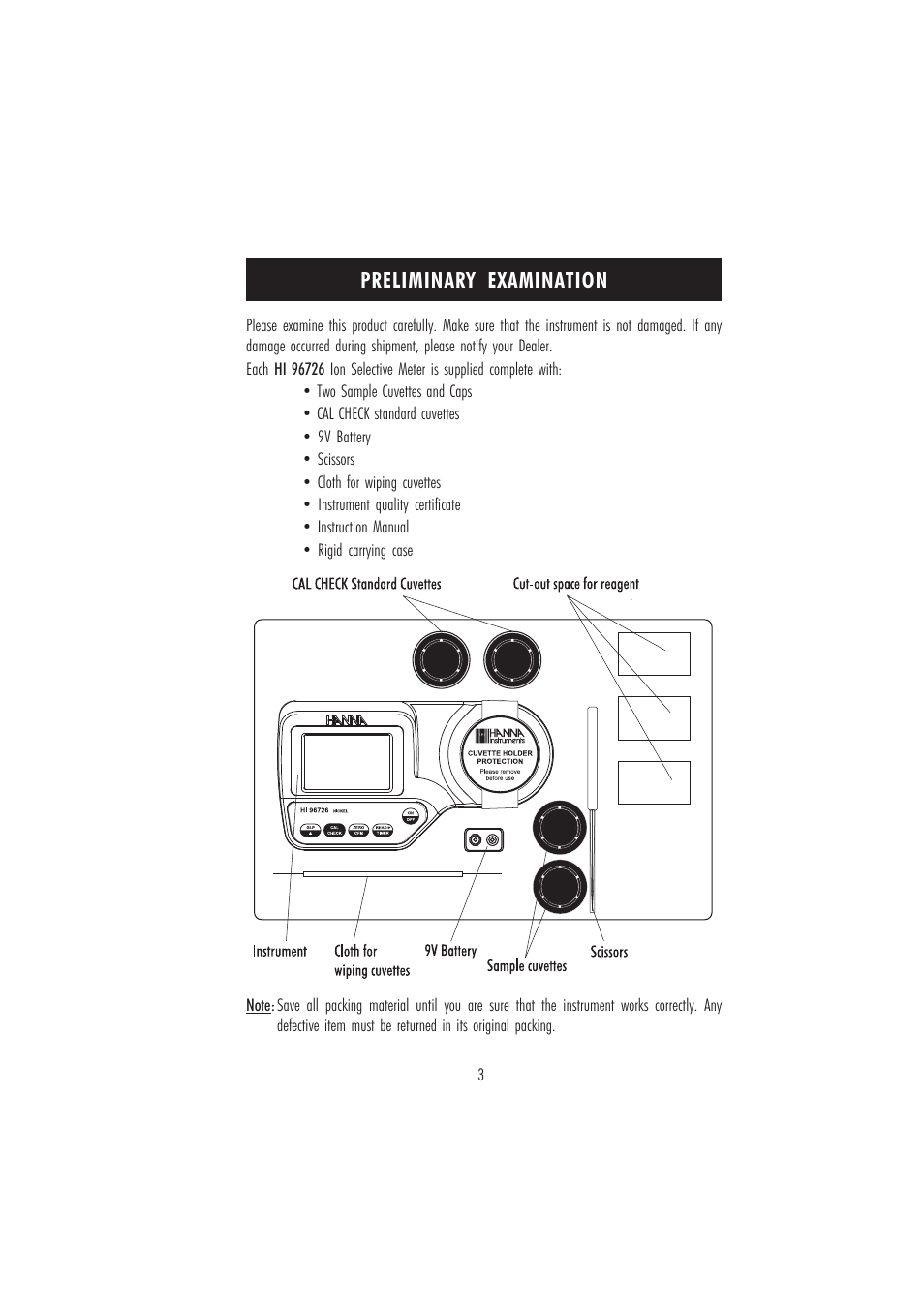 Preliminary examination | Hanna Instruments HI 96726 User Manual | Page 3 / 24