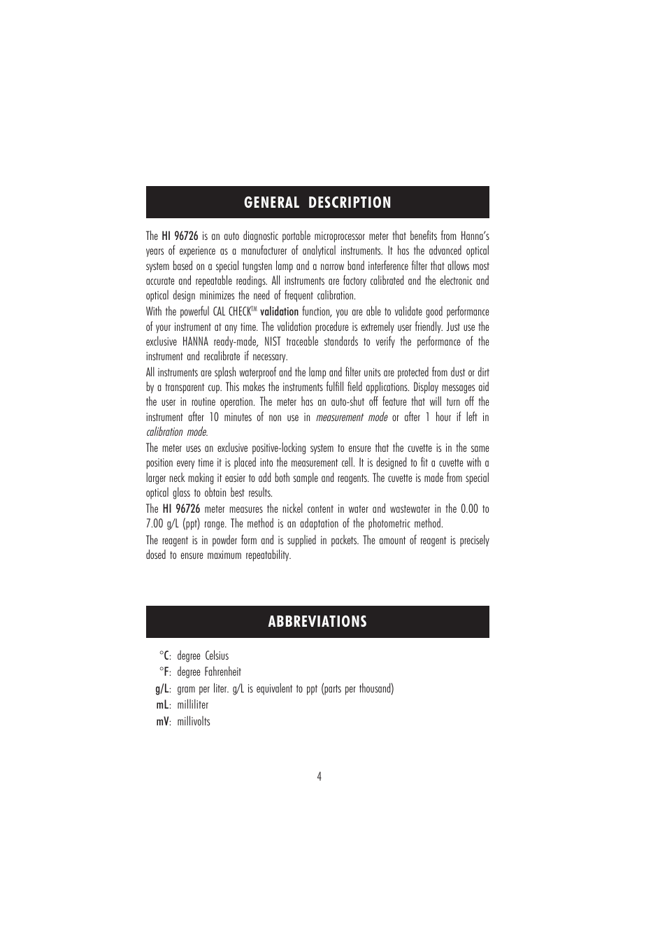 General description abbreviations | Hanna Instruments HI 96726 User Manual | Page 4 / 24
