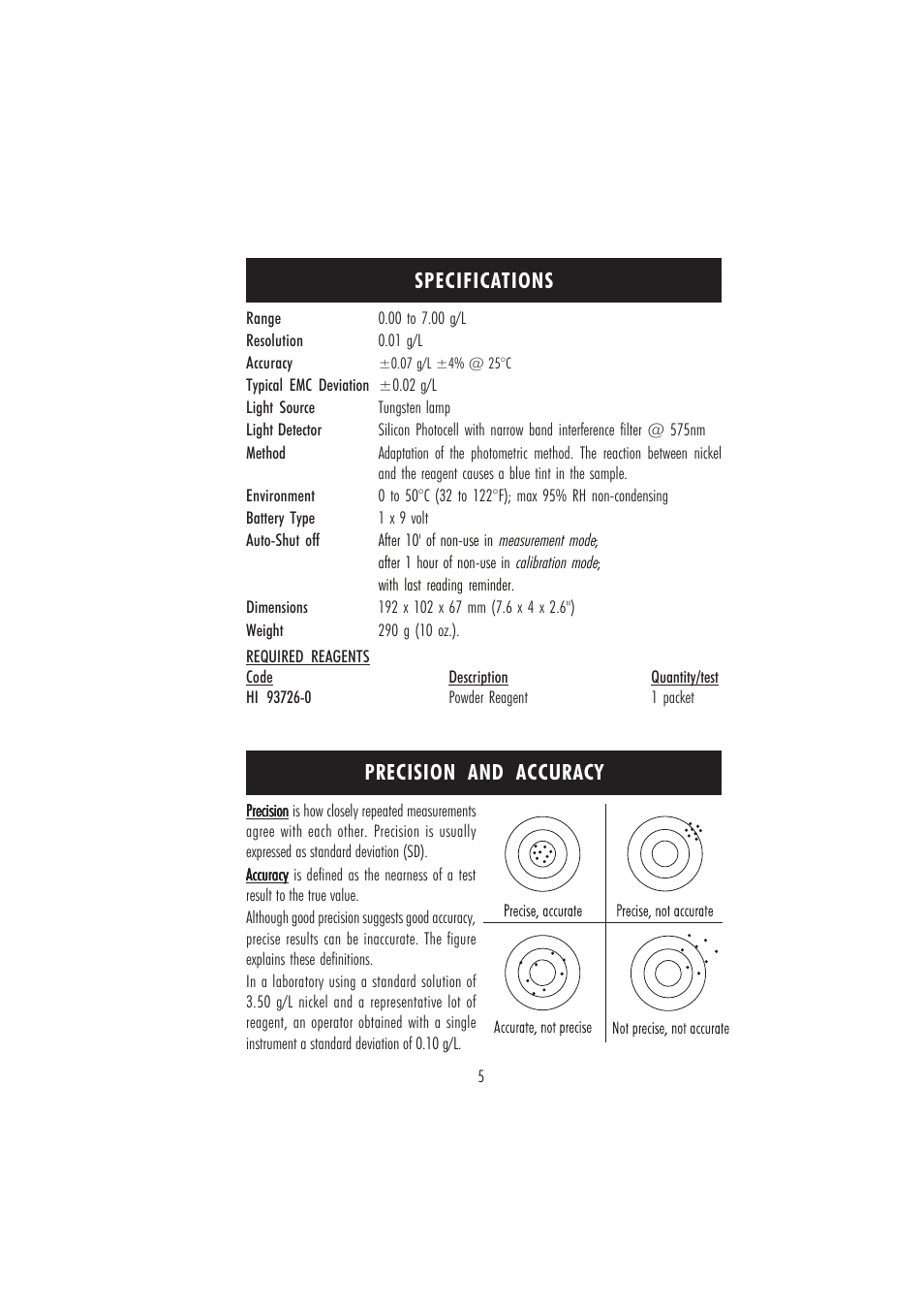 Specifications precision and accuracy | Hanna Instruments HI 96726 User Manual | Page 5 / 24