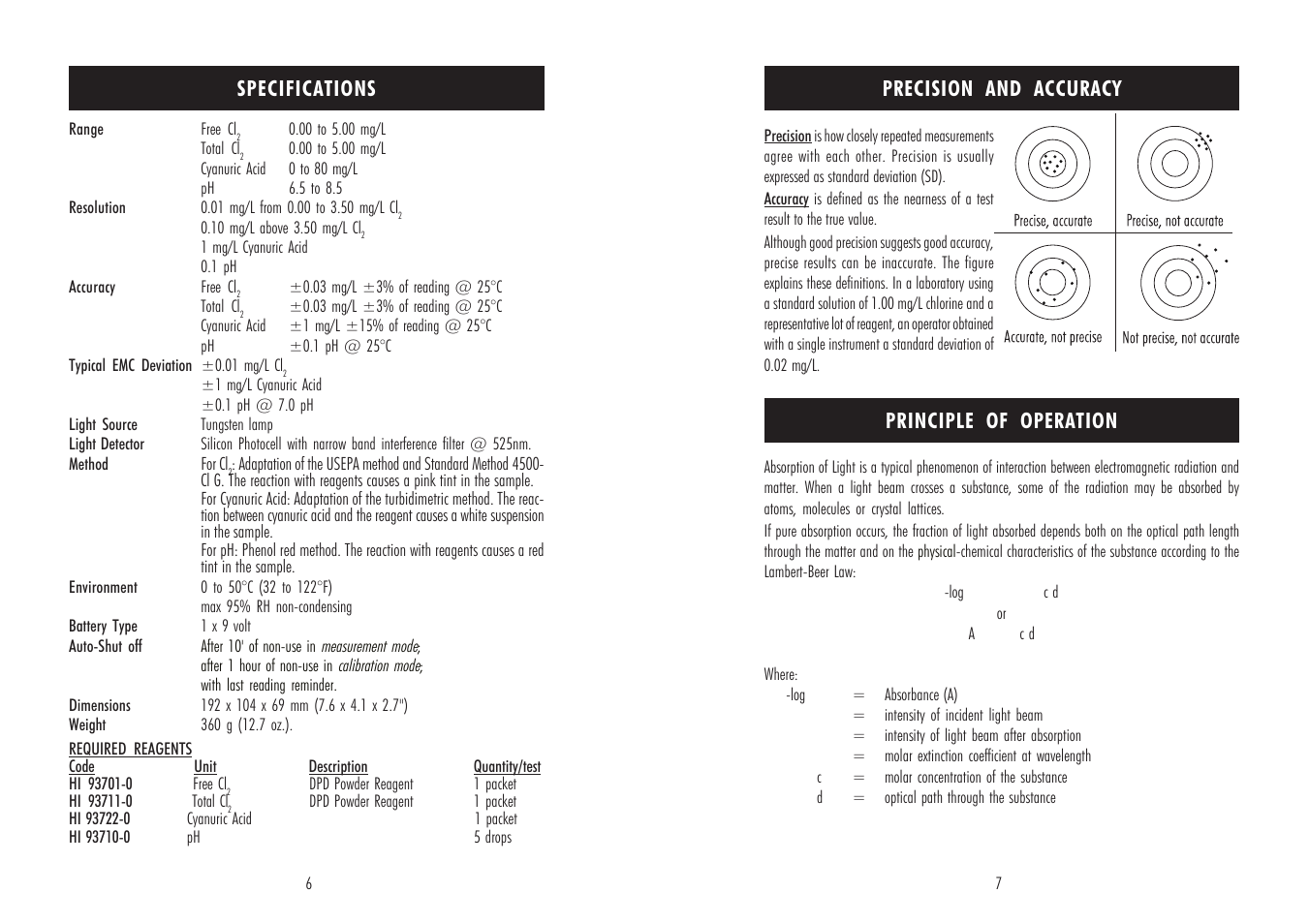 Principle of operation, Specifications, Precision and accuracy | Hanna Instruments HI 96725 User Manual | Page 4 / 15