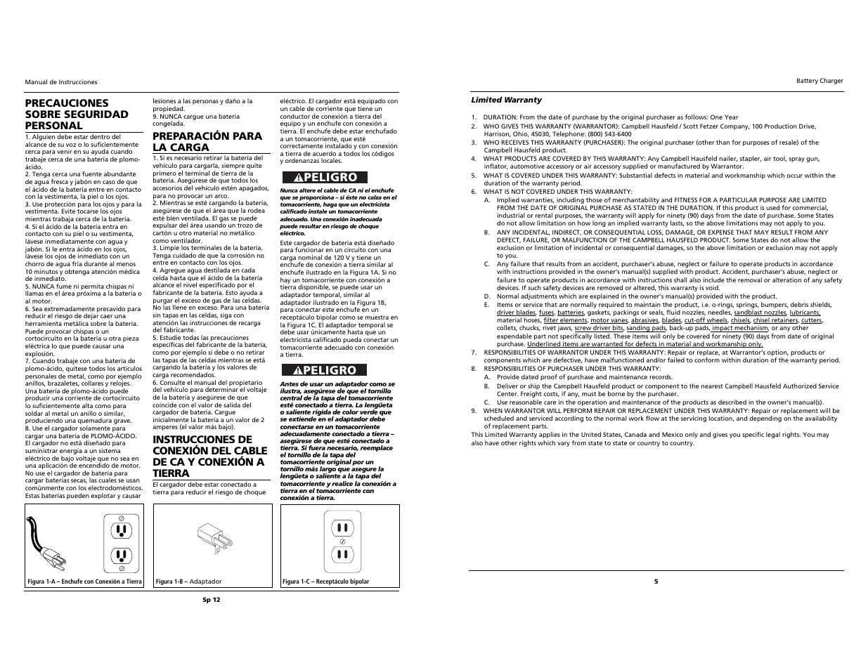 Peligro, Precauciones sobre seguridad personal, Preparación para la carga | Campbell Hausfeld IB1000 User Manual | Page 5 / 8
