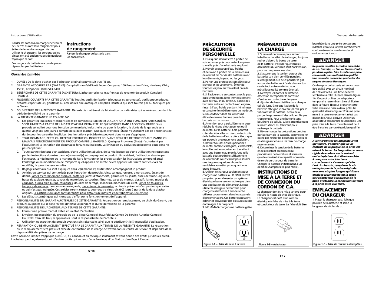Danger, Précautions de sécurité personnelle, Préparation de la charge | Emplacement du chargeur, Instructions de rangement | Campbell Hausfeld IB1000 User Manual | Page 7 / 8