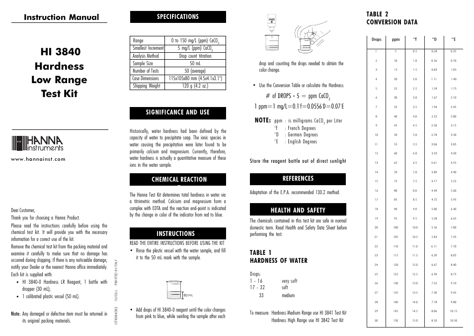 Hanna Instruments HI 3840 User Manual | 2 pages