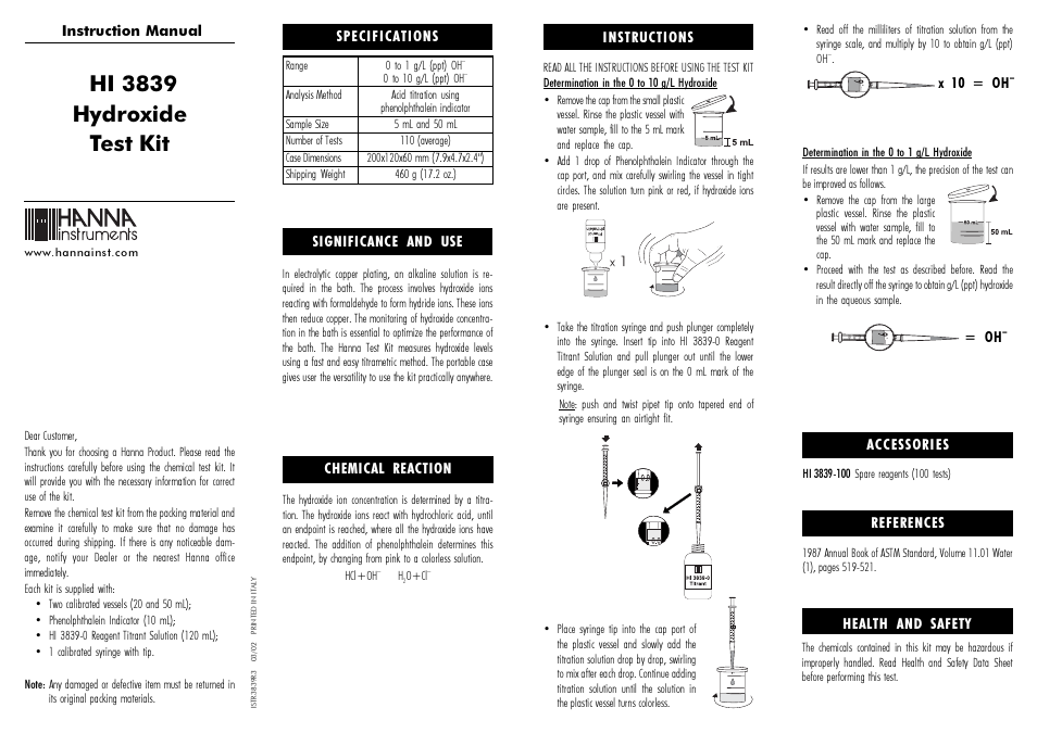 Hanna Instruments HI 3839 User Manual | 2 pages