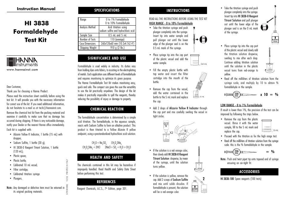 Hanna Instruments HI 3838 User Manual | 2 pages