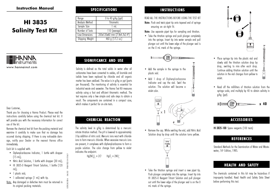 Hanna Instruments HI 3835 User Manual | 2 pages