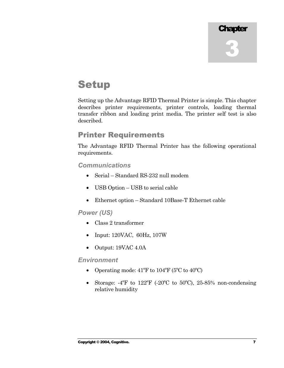 Setup, Printer requirements, Communications | Power (us), Environment, Communications power (us) environment, Chapter | Cognitive Solutions Advantage RFID Thermal Printer User Manual | Page 12 / 80