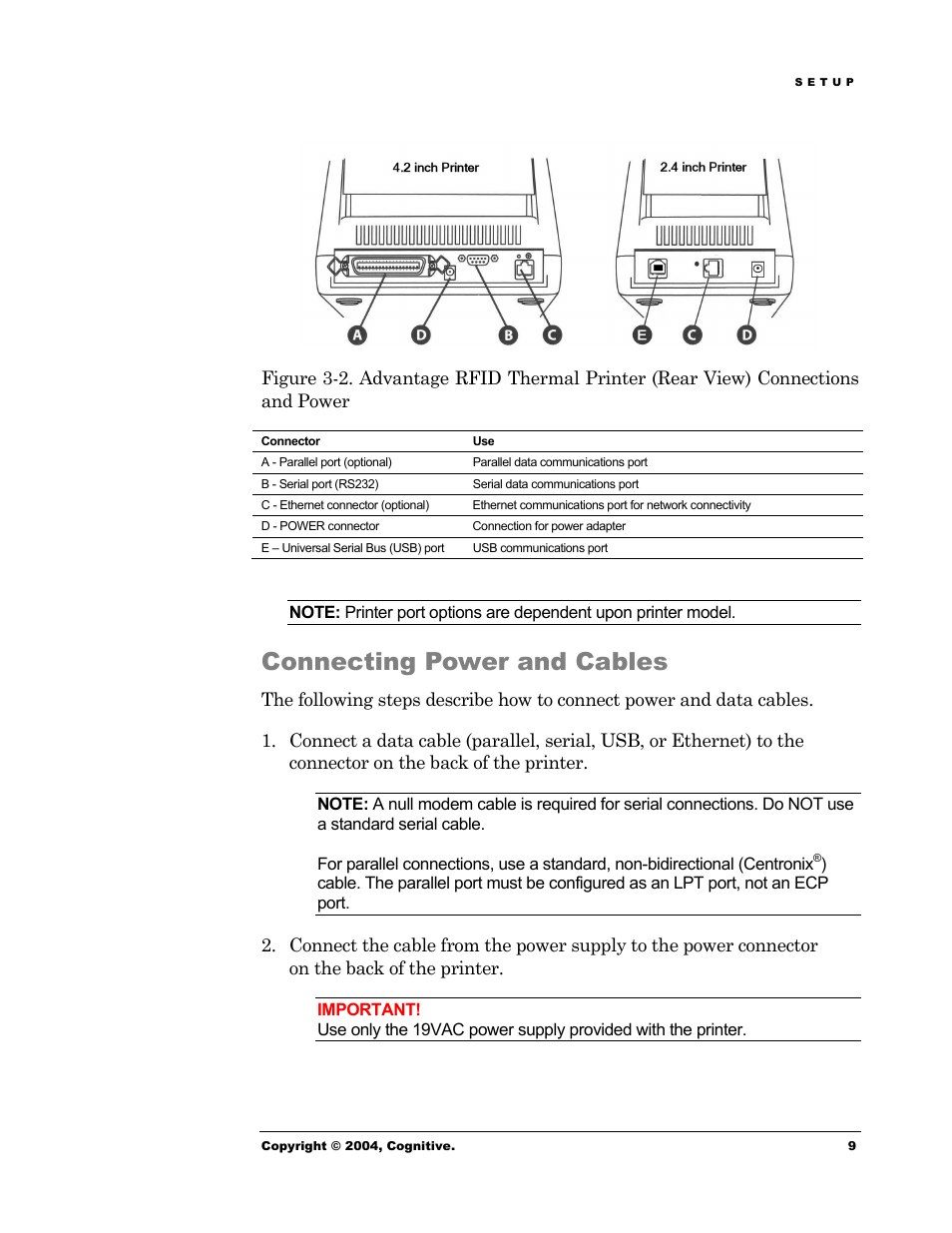 Connecting power and cables | Cognitive Solutions Advantage RFID Thermal Printer User Manual | Page 14 / 80