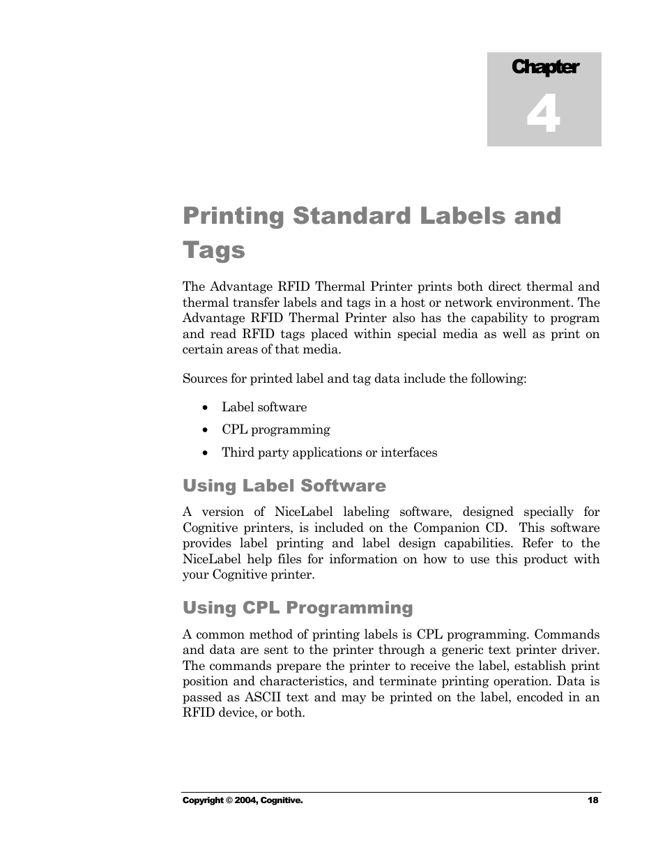 Printing standard labels and tags, Using label software, Using cpl programming | Using label software using cpl programming, Chapter | Cognitive Solutions Advantage RFID Thermal Printer User Manual | Page 23 / 80