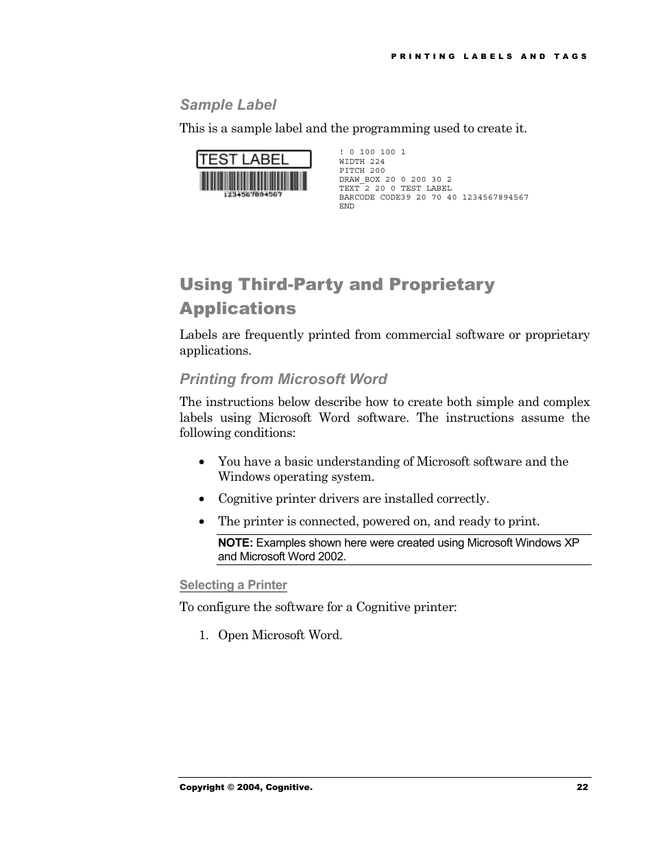 Sample label, Using third-party and proprietary applications, Printing from microsoft word | Cognitive Solutions Advantage RFID Thermal Printer User Manual | Page 27 / 80