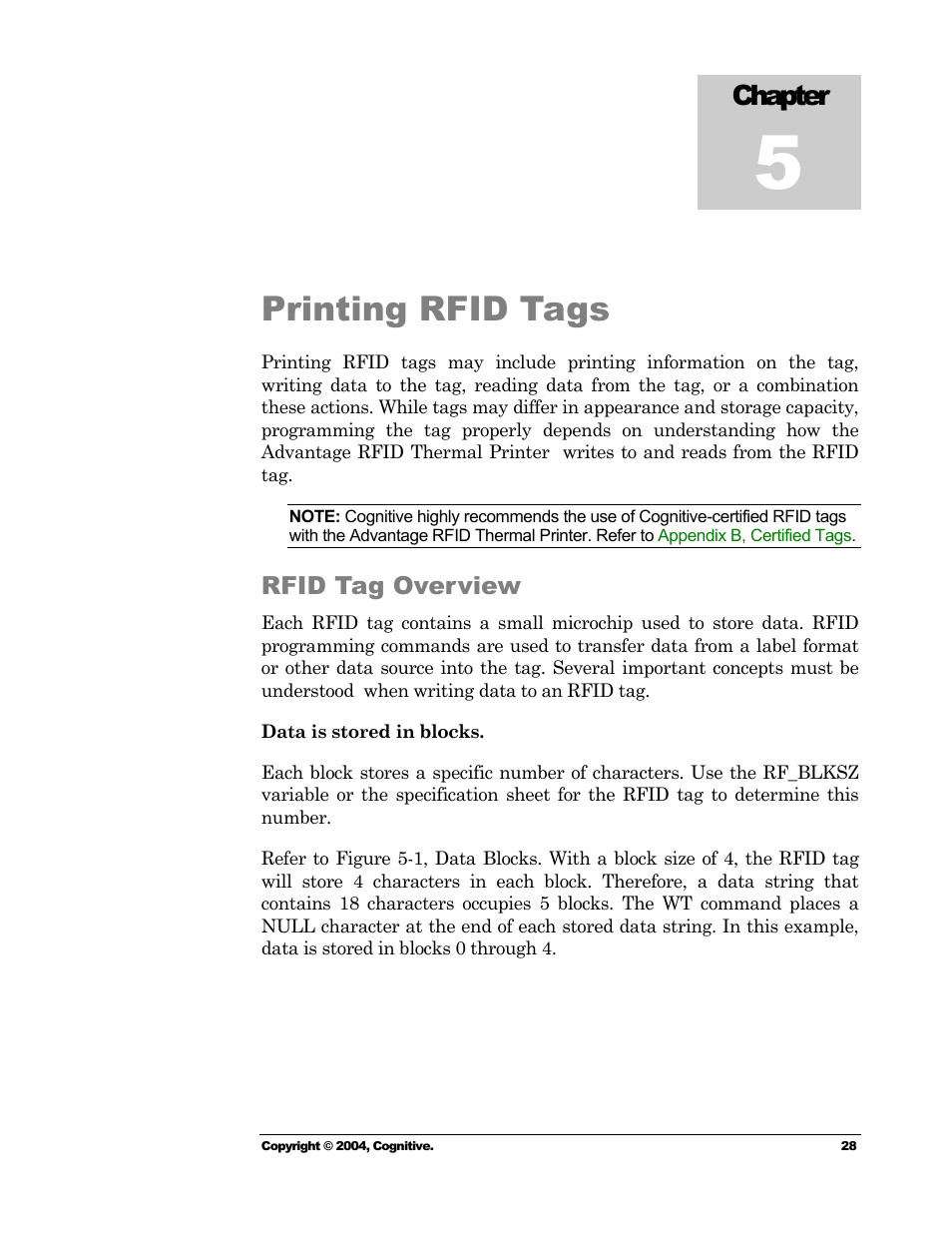 Printing rfid tags, Rfid tag overview, Chapter | Cognitive Solutions Advantage RFID Thermal Printer User Manual | Page 33 / 80