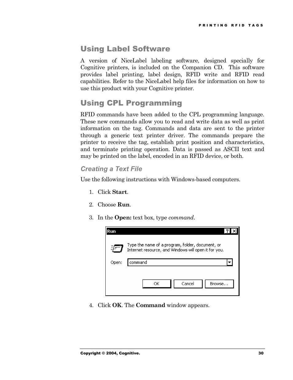 Using label software, Using cpl programming, Creating a text file | Using label software using cpl programming | Cognitive Solutions Advantage RFID Thermal Printer User Manual | Page 35 / 80