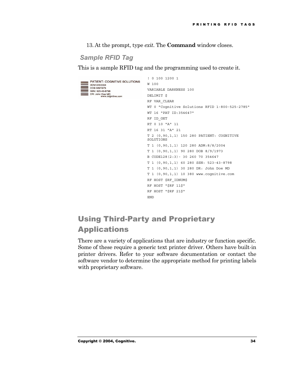 Sample rfid tag, Using third-party and proprietary applications | Cognitive Solutions Advantage RFID Thermal Printer User Manual | Page 39 / 80
