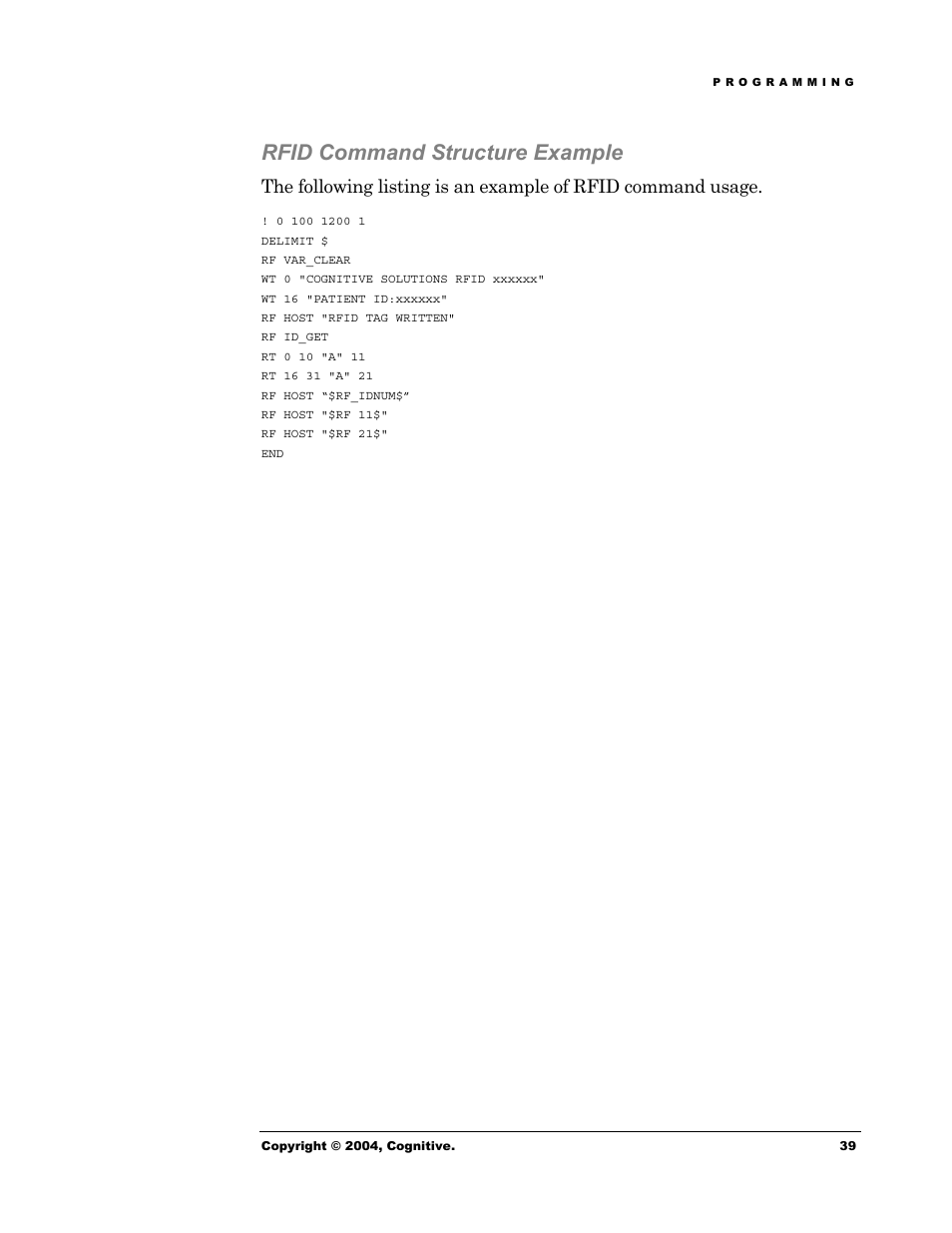 Rfid command structure example | Cognitive Solutions Advantage RFID Thermal Printer User Manual | Page 44 / 80