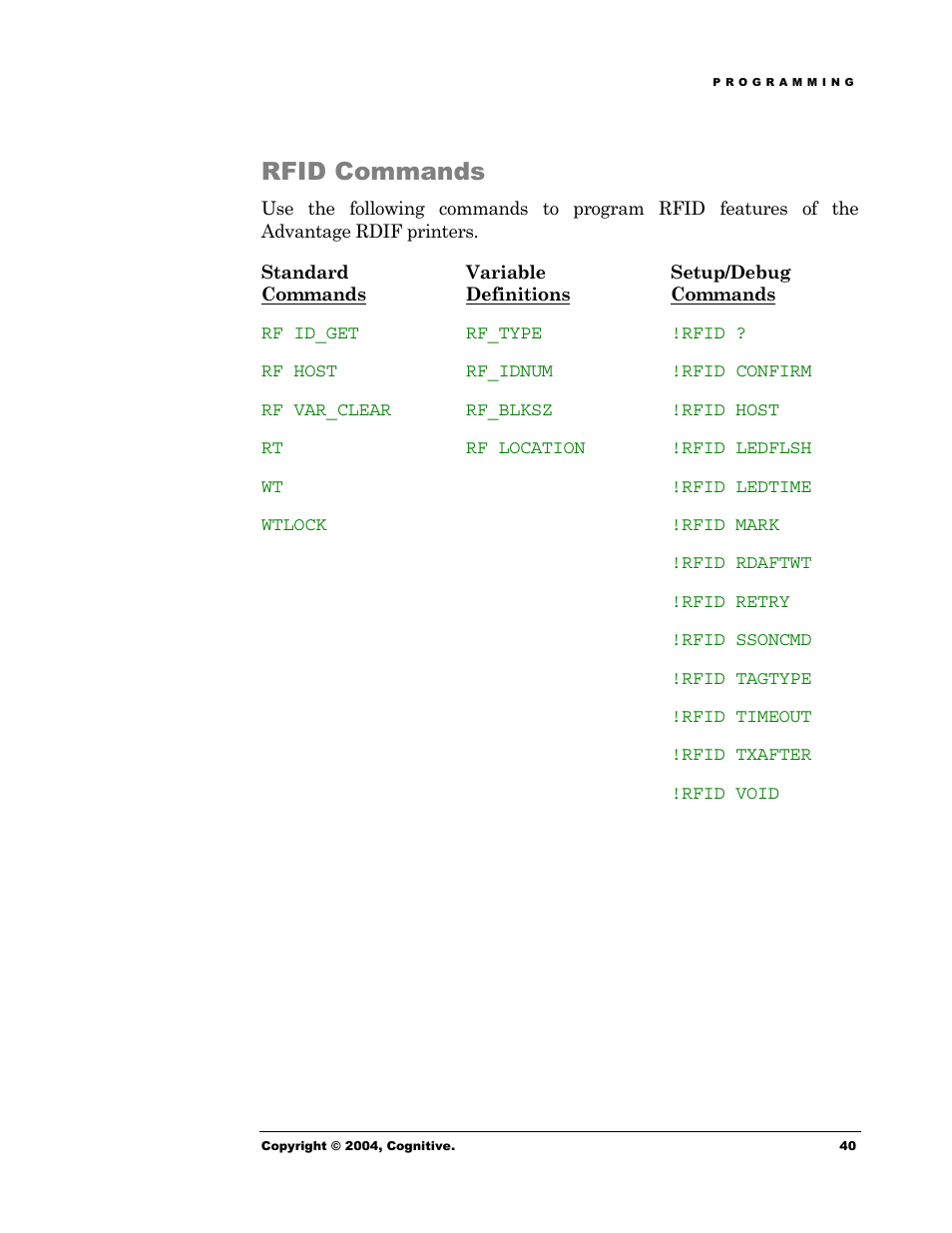 Rfid commands | Cognitive Solutions Advantage RFID Thermal Printer User Manual | Page 45 / 80