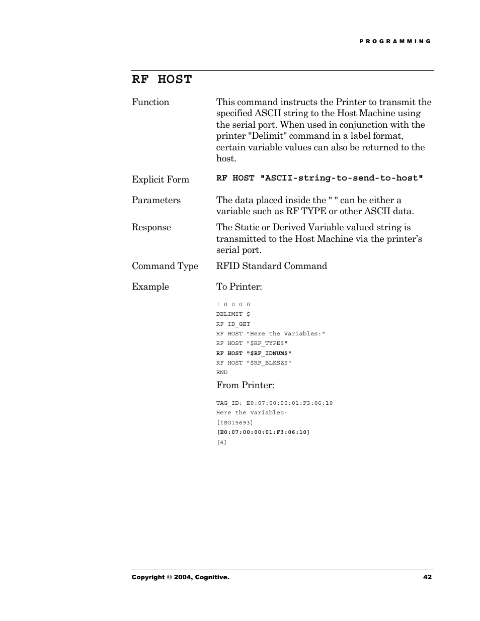 Rf host | Cognitive Solutions Advantage RFID Thermal Printer User Manual | Page 47 / 80