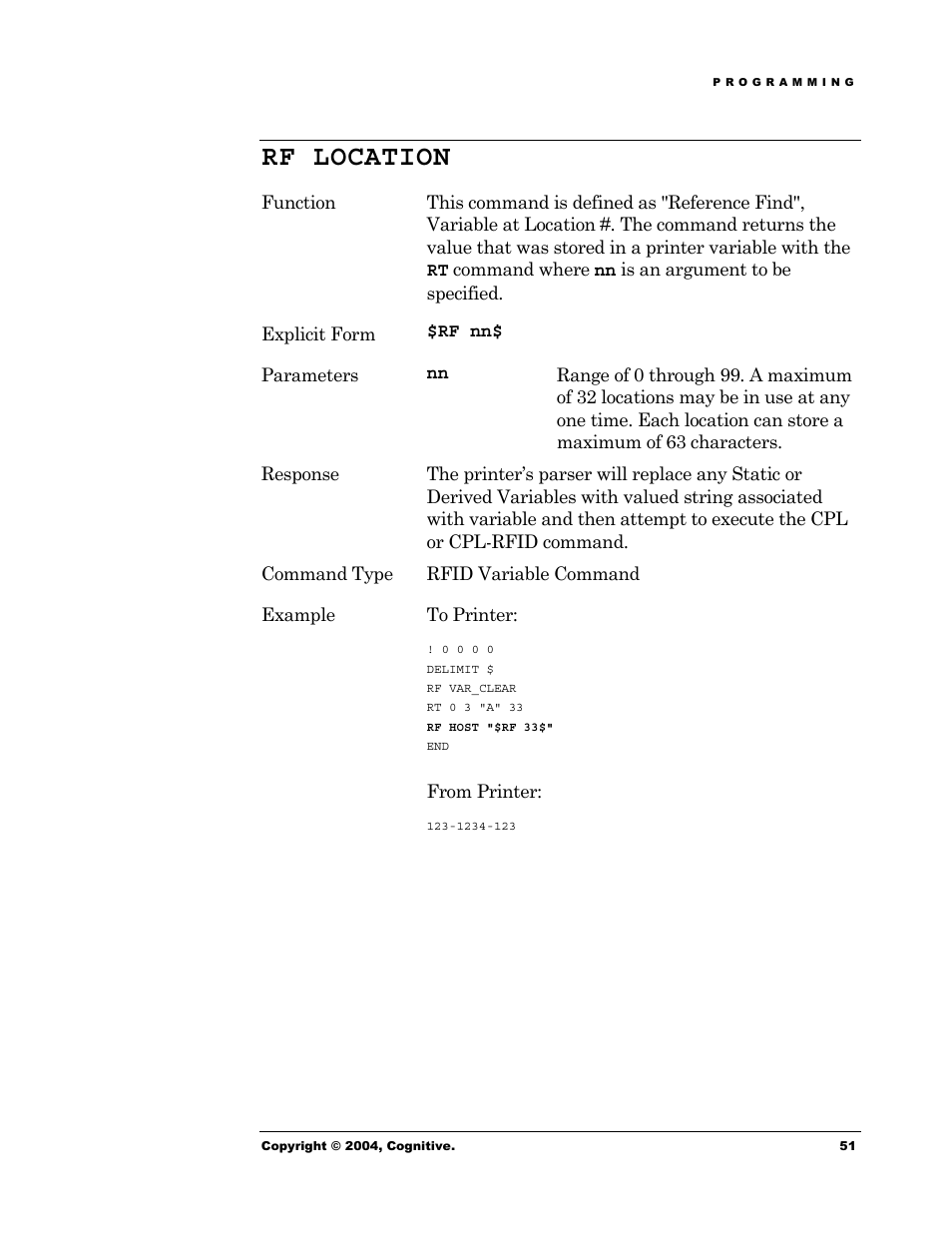 Rf location | Cognitive Solutions Advantage RFID Thermal Printer User Manual | Page 56 / 80