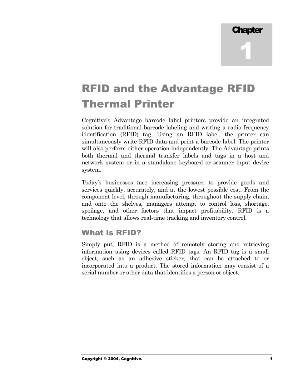 Rfid and the advantage rfid thermal printer, What is rfid, Chapter | Cognitive Solutions Advantage RFID Thermal Printer User Manual | Page 6 / 80