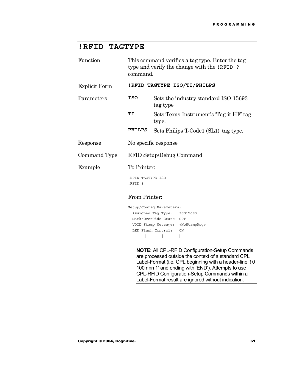 Rfid tagtype | Cognitive Solutions Advantage RFID Thermal Printer User Manual | Page 66 / 80