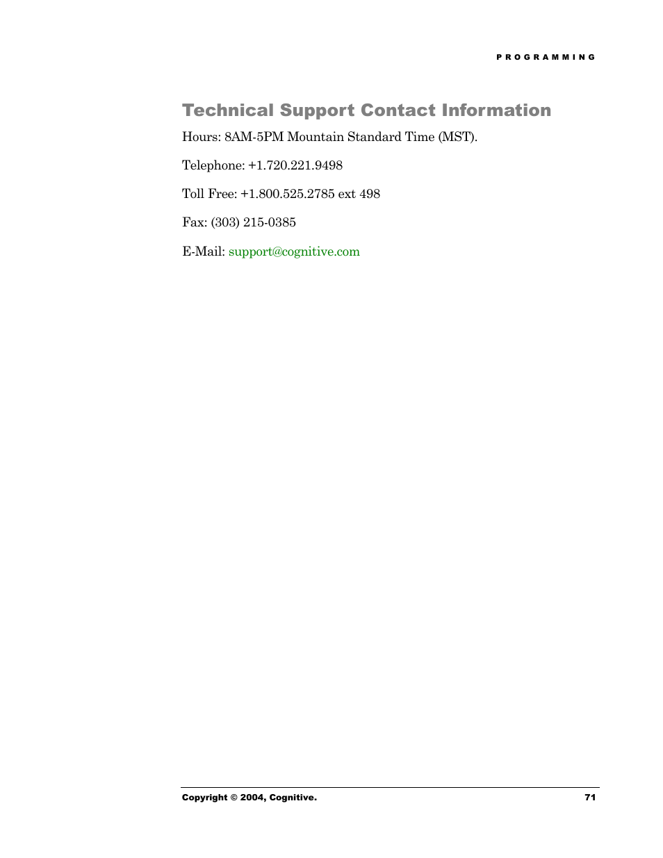 Technical support contact information | Cognitive Solutions Advantage RFID Thermal Printer User Manual | Page 76 / 80