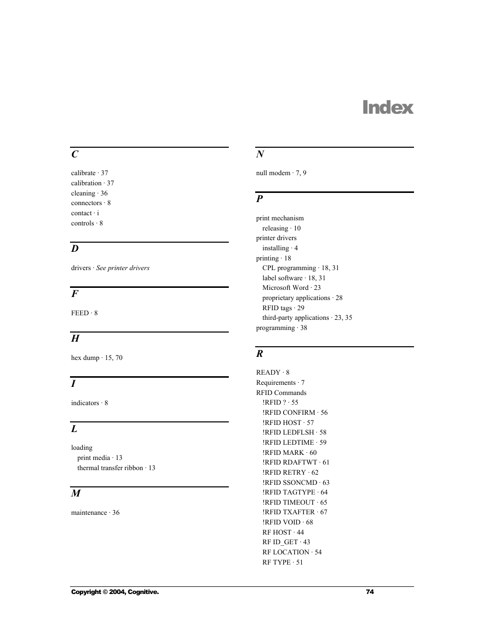 Index | Cognitive Solutions Advantage RFID Thermal Printer User Manual | Page 79 / 80