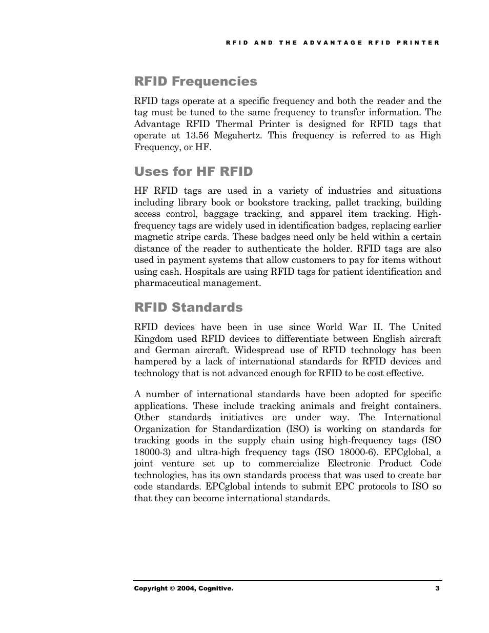 Rfid frequencies, Uses for hf rfid, Rfid standards | Rfid frequencies uses for hf rfid rfid standards | Cognitive Solutions Advantage RFID Thermal Printer User Manual | Page 8 / 80