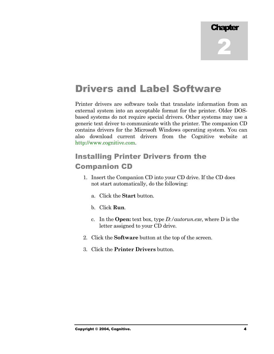 Drivers and label software, Installing printer drivers from the companion cd, Chapter | Cognitive Solutions Advantage RFID Thermal Printer User Manual | Page 9 / 80