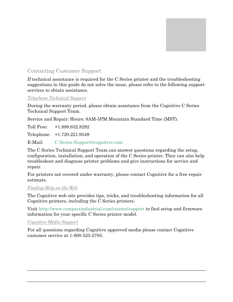 Chapter, Chapter 12: support | Cognitive Solutions C SERIES User Manual | Page 131 / 134