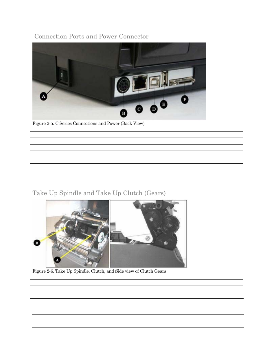 Connection ports and power connector, Take up spindle and take up clutch (gears) | Cognitive Solutions C SERIES User Manual | Page 14 / 134