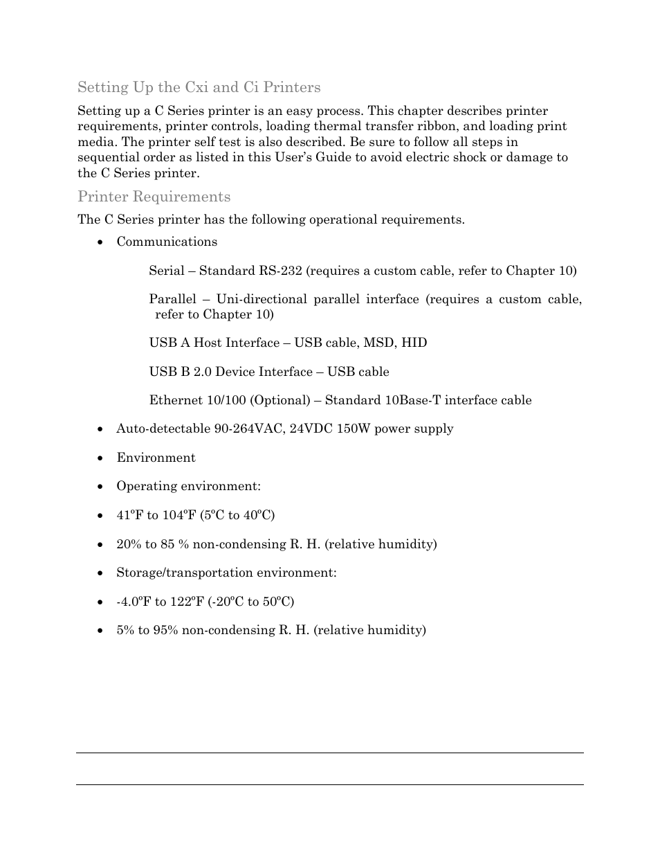 Setting up the cxi and ci printers, Printer requirements | Cognitive Solutions C SERIES User Manual | Page 21 / 134