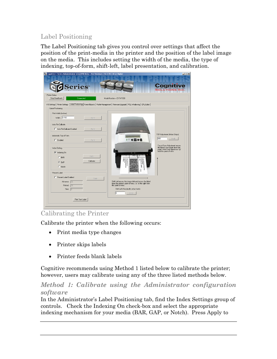 Label positioning, Calibrating the printer | Cognitive Solutions C SERIES User Manual | Page 67 / 134