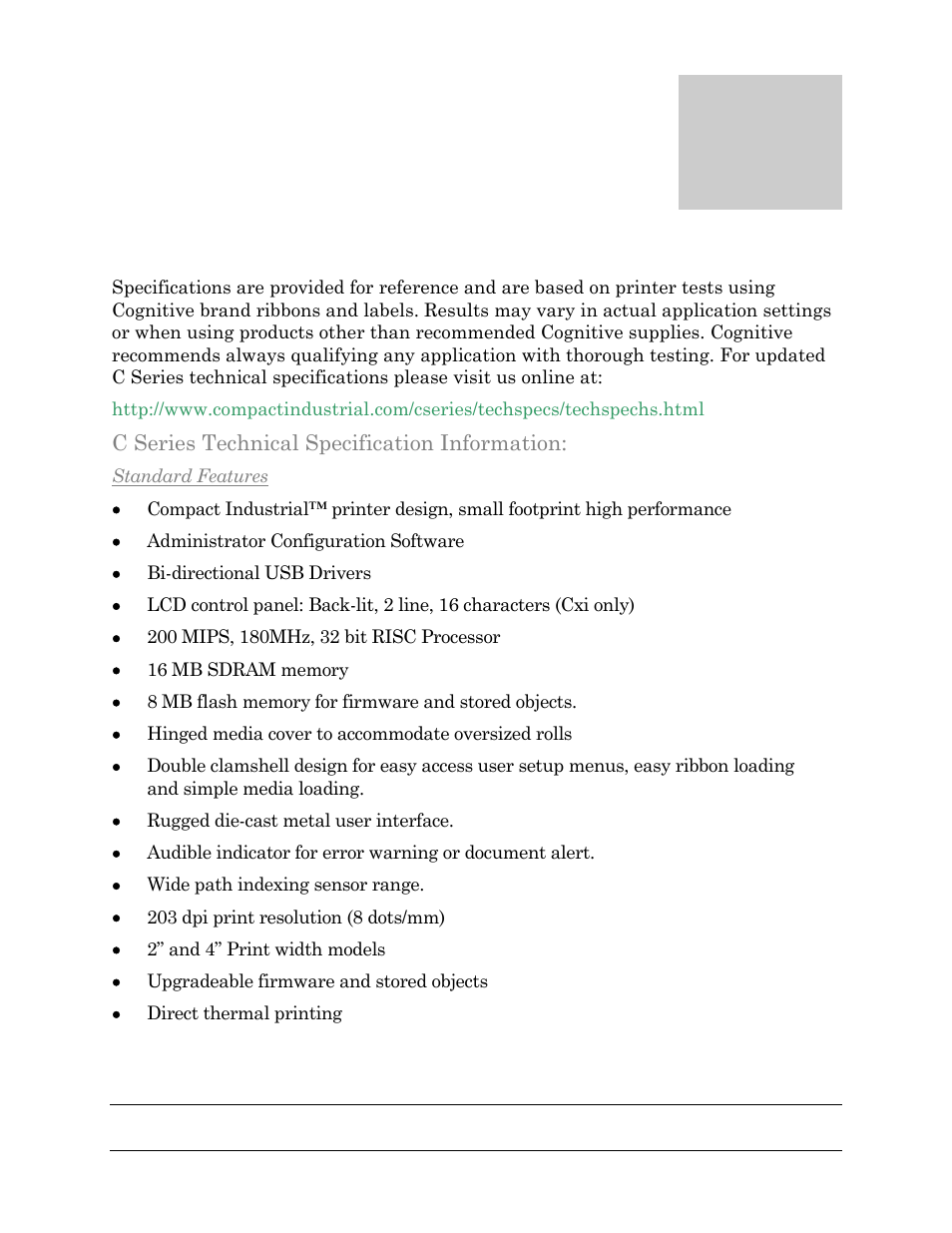 Chapter, Chapter 9: printer specifications | Cognitive Solutions C SERIES User Manual | Page 98 / 134