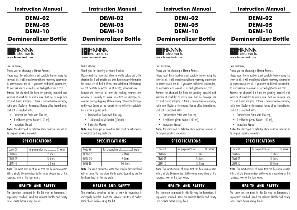 Hanna Instruments DEMI-02 User Manual | 2 pages