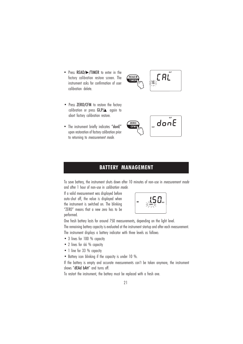 Battery management | Hanna Instruments HI 96716 User Manual | Page 21 / 24