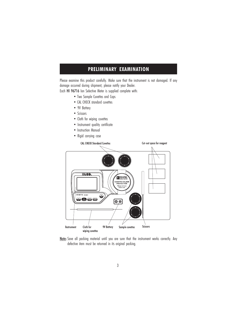 Preliminary examination | Hanna Instruments HI 96716 User Manual | Page 3 / 24