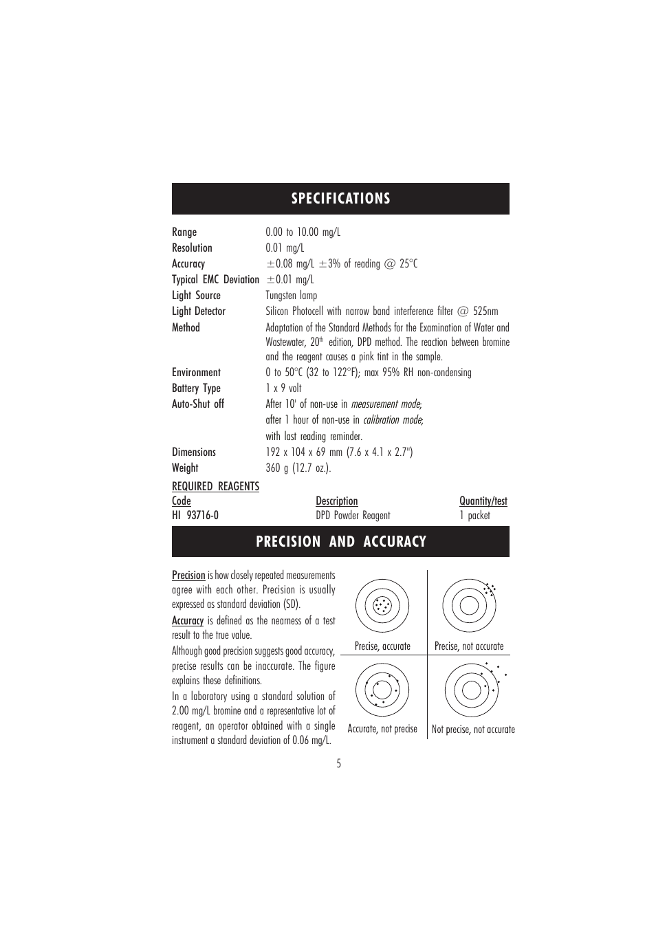 Specifications precision and accuracy | Hanna Instruments HI 96716 User Manual | Page 5 / 24
