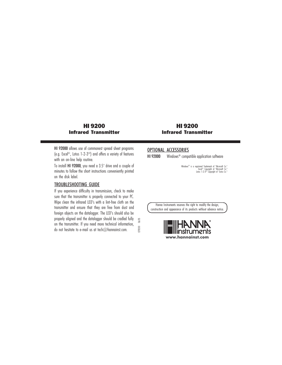 Hi 9200, Troubleshooting guide, Infrared transmitter | Infrared transmitter optional accessories | Hanna Instruments HI 9200/25 User Manual | Page 2 / 2