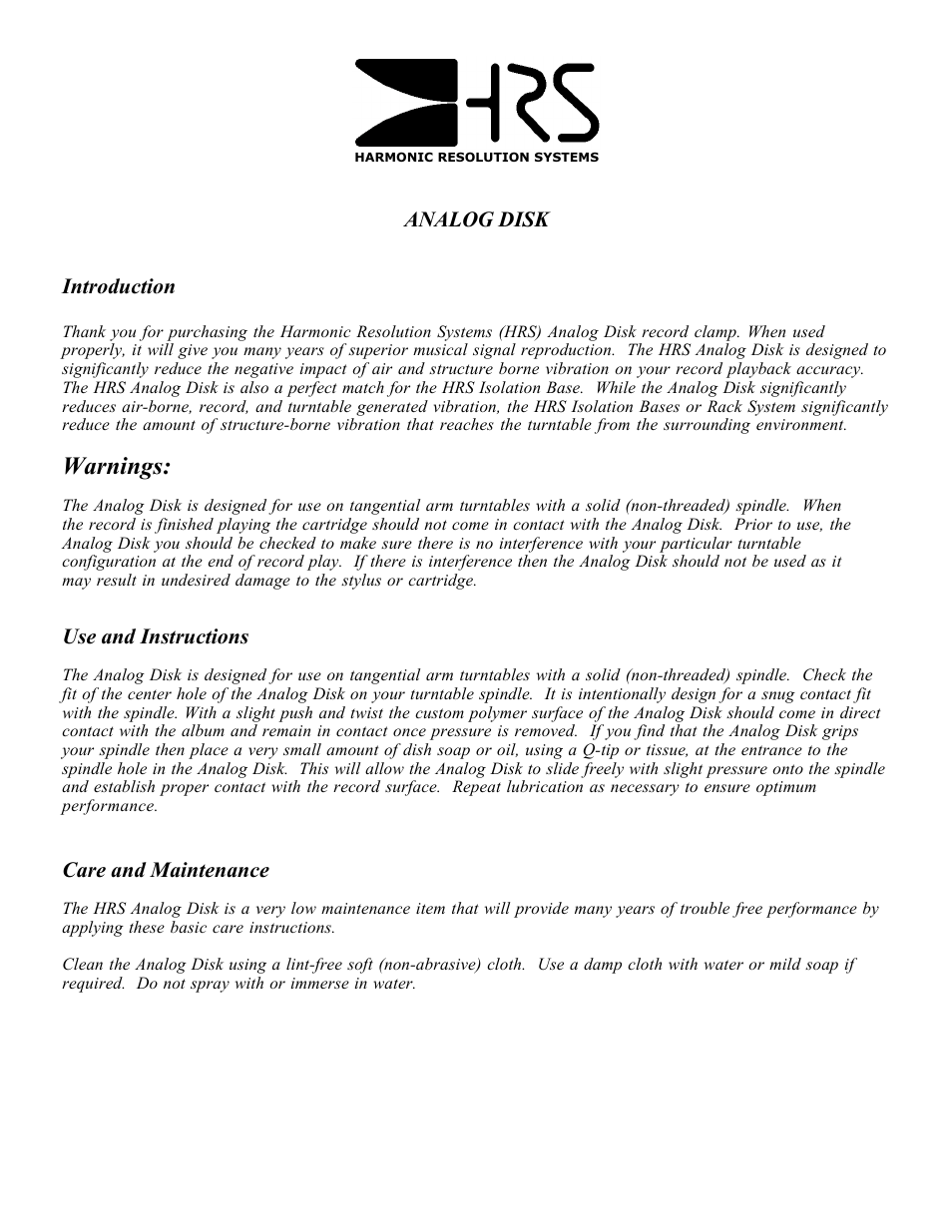 Harmonic Resolution Systems HRS Analog Disk User Manual | 2 pages