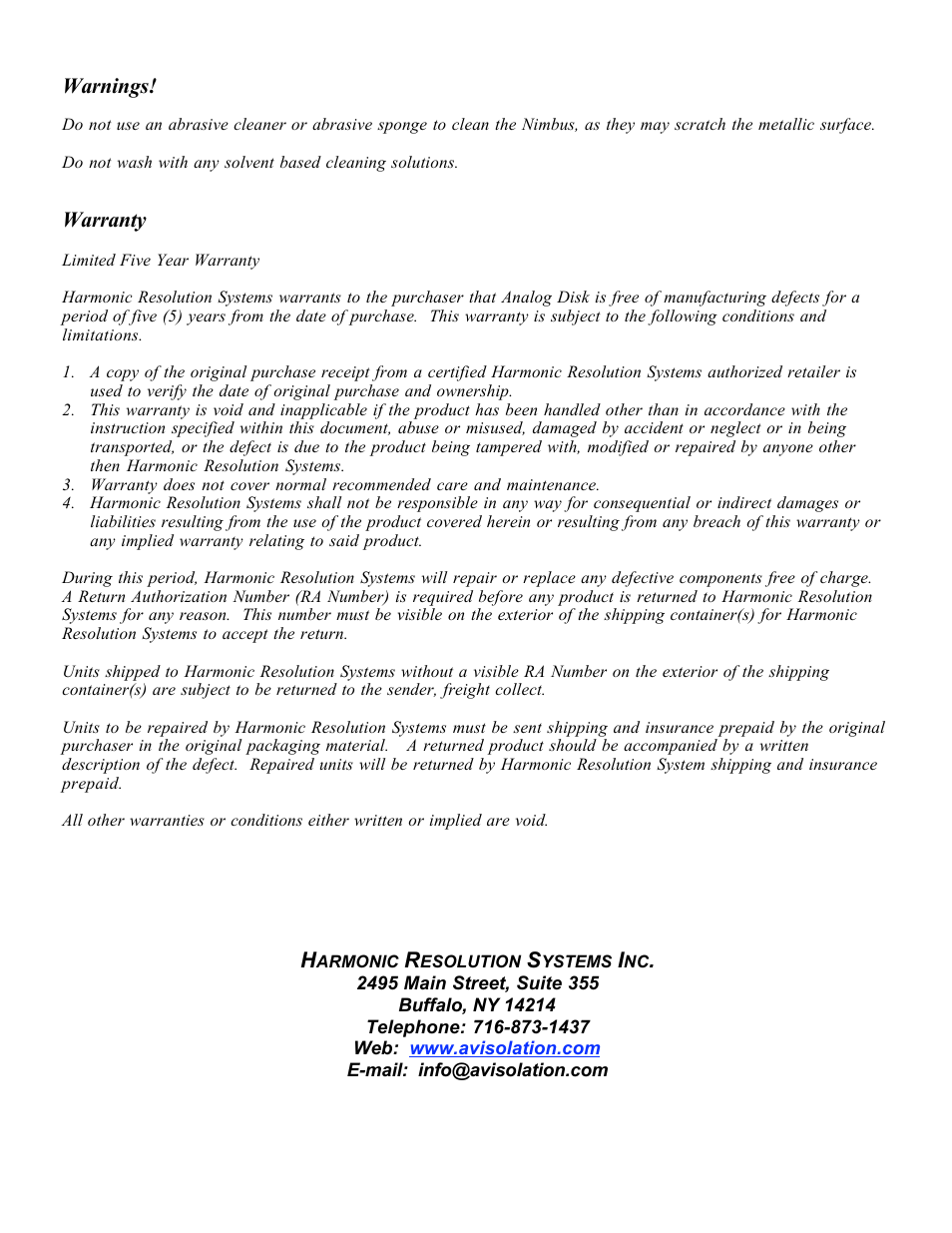 Harmonic Resolution Systems HRS Analog Disk User Manual | Page 2 / 2