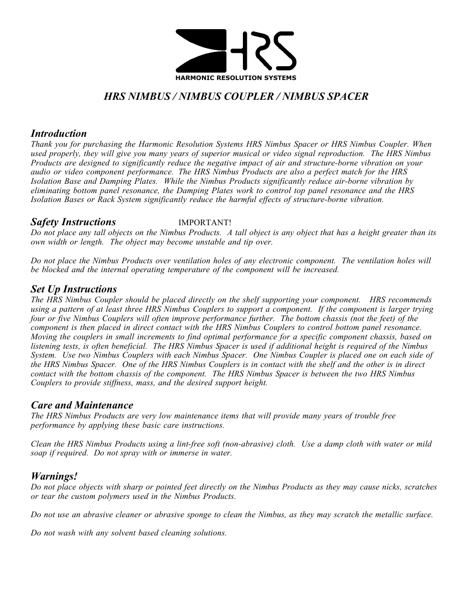 Harmonic Resolution Systems Nimbus Products User Manual | 2 pages
