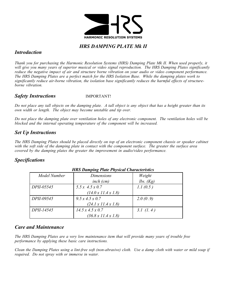 Harmonic Resolution Systems Damping Plate User Manual | 2 pages