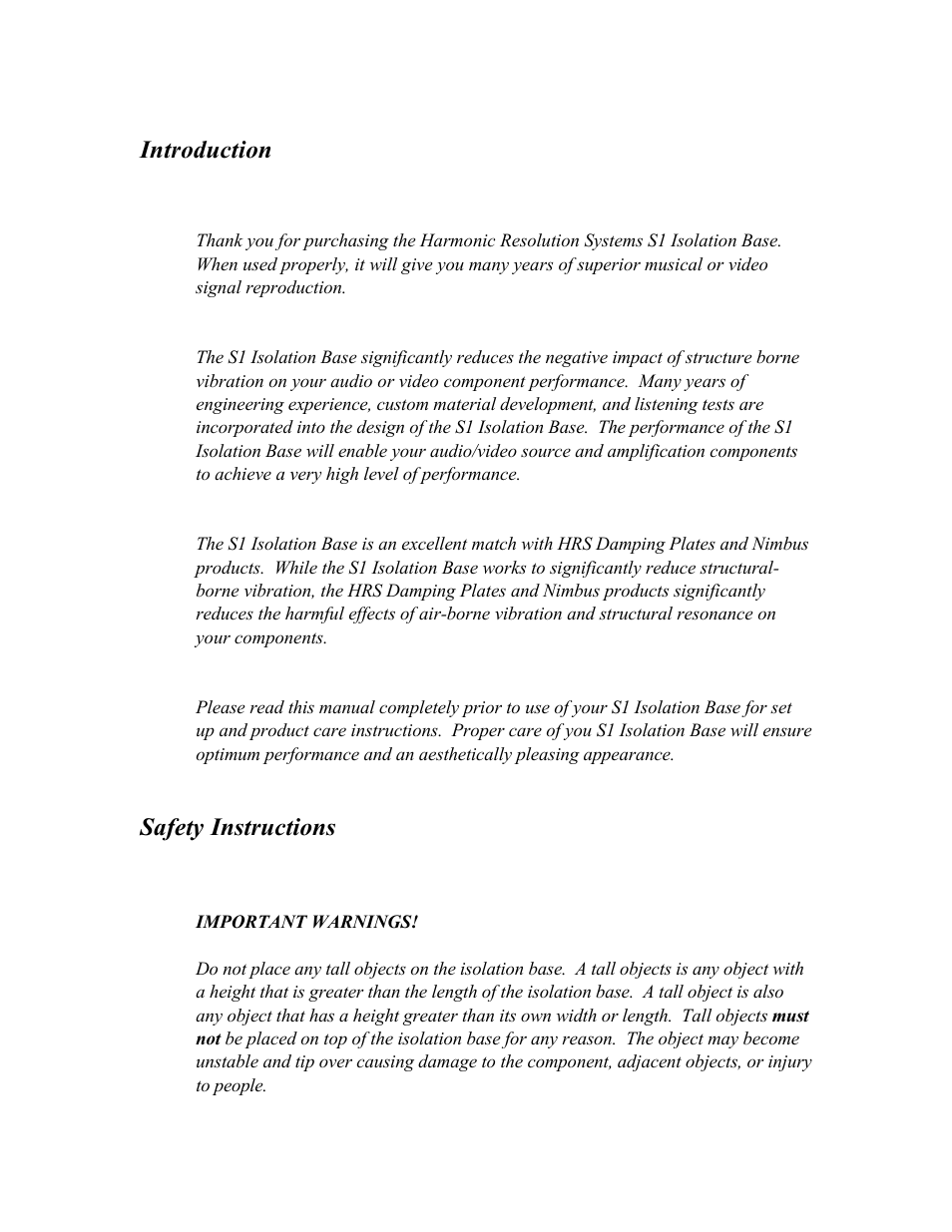 Introduction, Safety instructions | Harmonic Resolution Systems S1 Isolation Base User Manual | Page 2 / 8