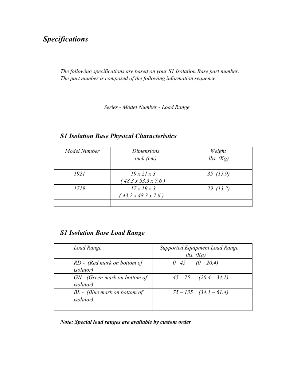 Specifications | Harmonic Resolution Systems S1 Isolation Base User Manual | Page 5 / 8