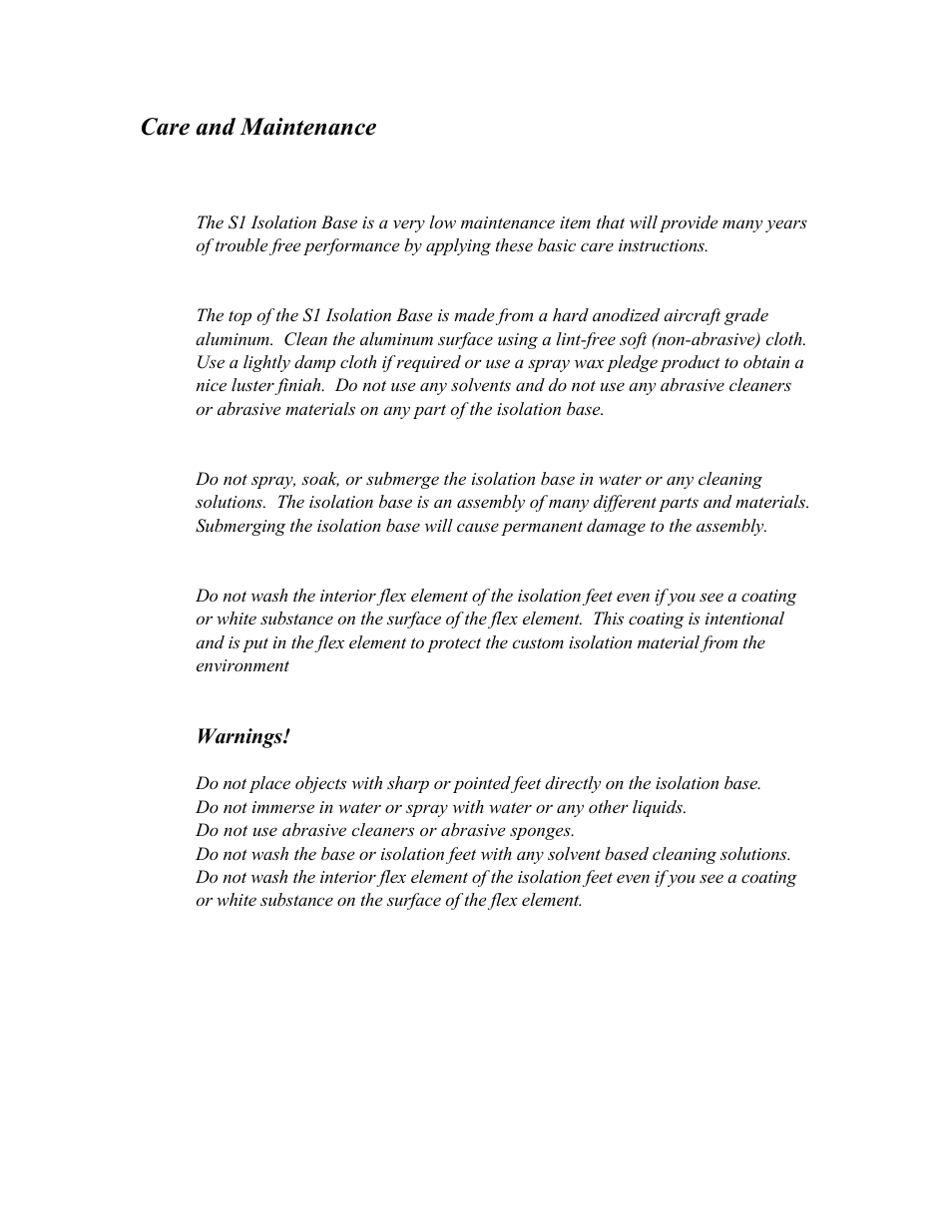 Care and maintenance | Harmonic Resolution Systems S1 Isolation Base User Manual | Page 6 / 8